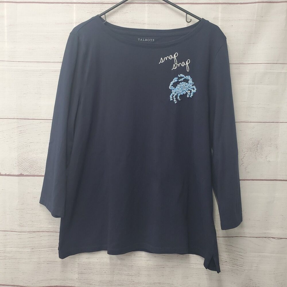 Talbots Navy Blue Sequin Crab Snap Snap Top Size XL Beachwear Marine Life